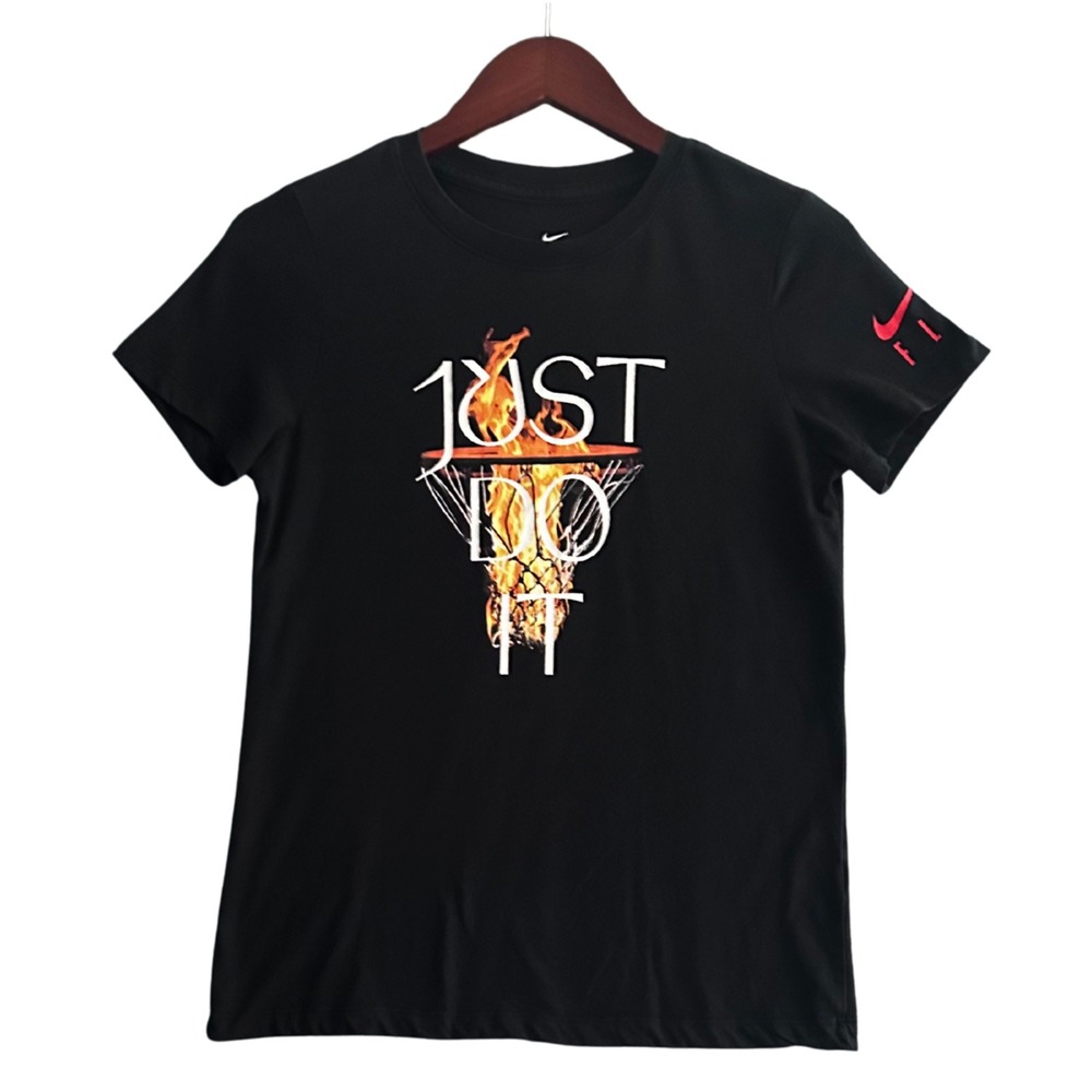 Nike Graphic Tee Women Small Black Just Do It Flaming Basketball Hoop Dri-FIT